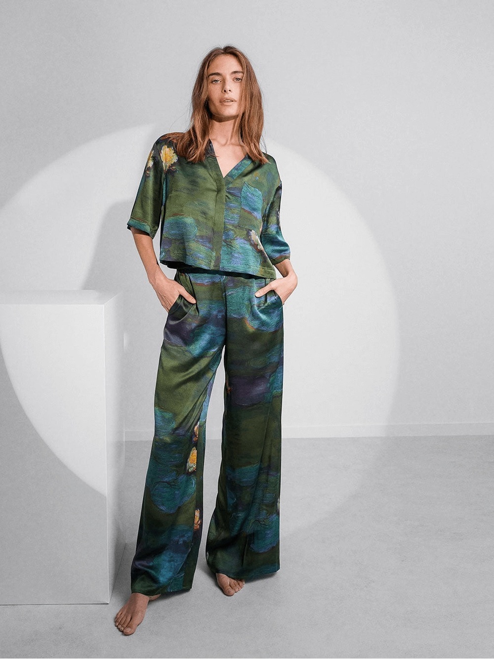 lunya lacmaGreen Waterlily-Print Wide-Leg Pajama Pant Washable Silk High Rise - Picture 2 of 4